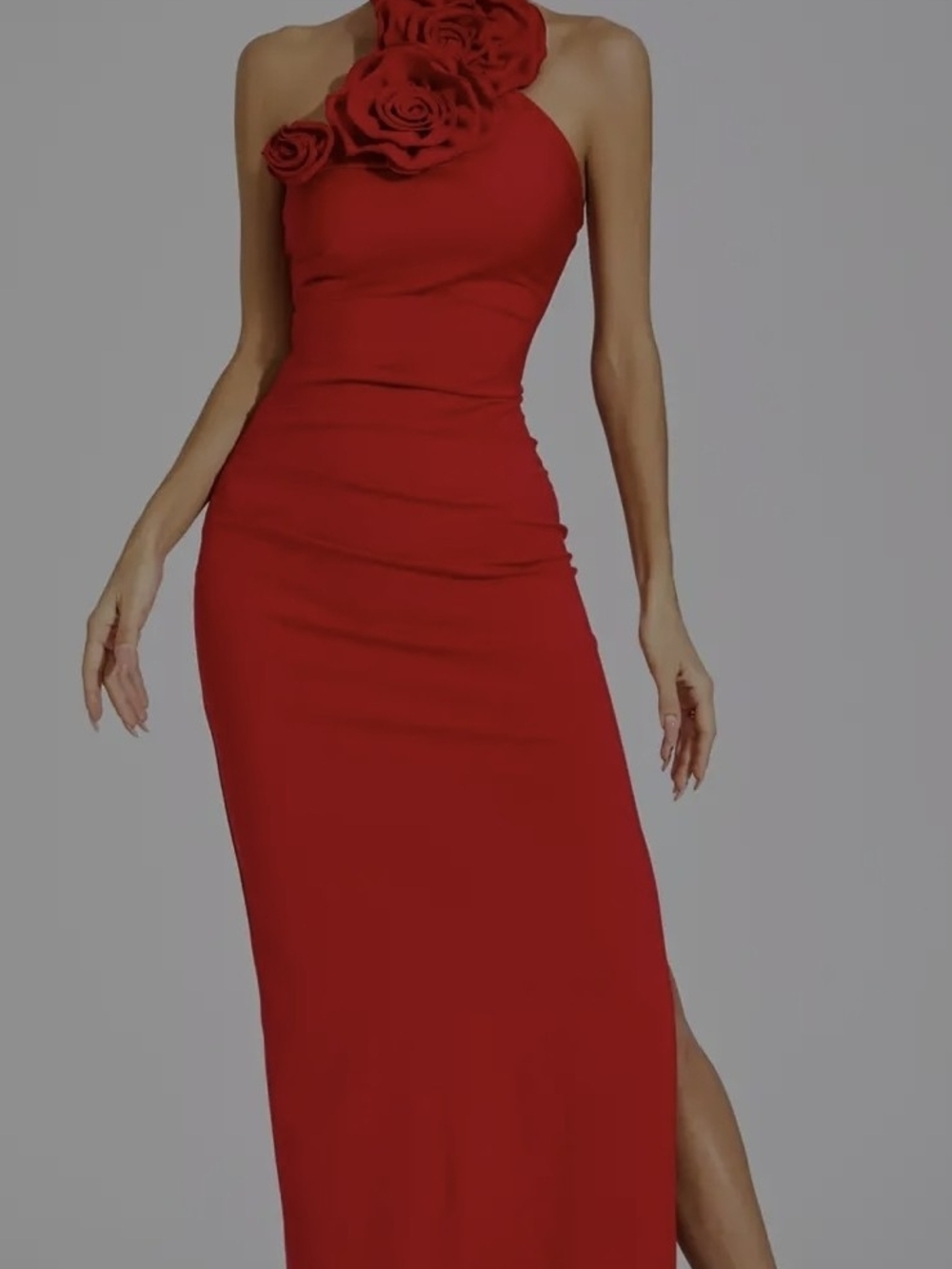 One-Shoulder Red Maxi Dress with Floral Detail